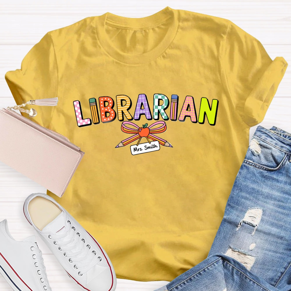 Personalized Name Librarian Pencil Bow T-Shirt