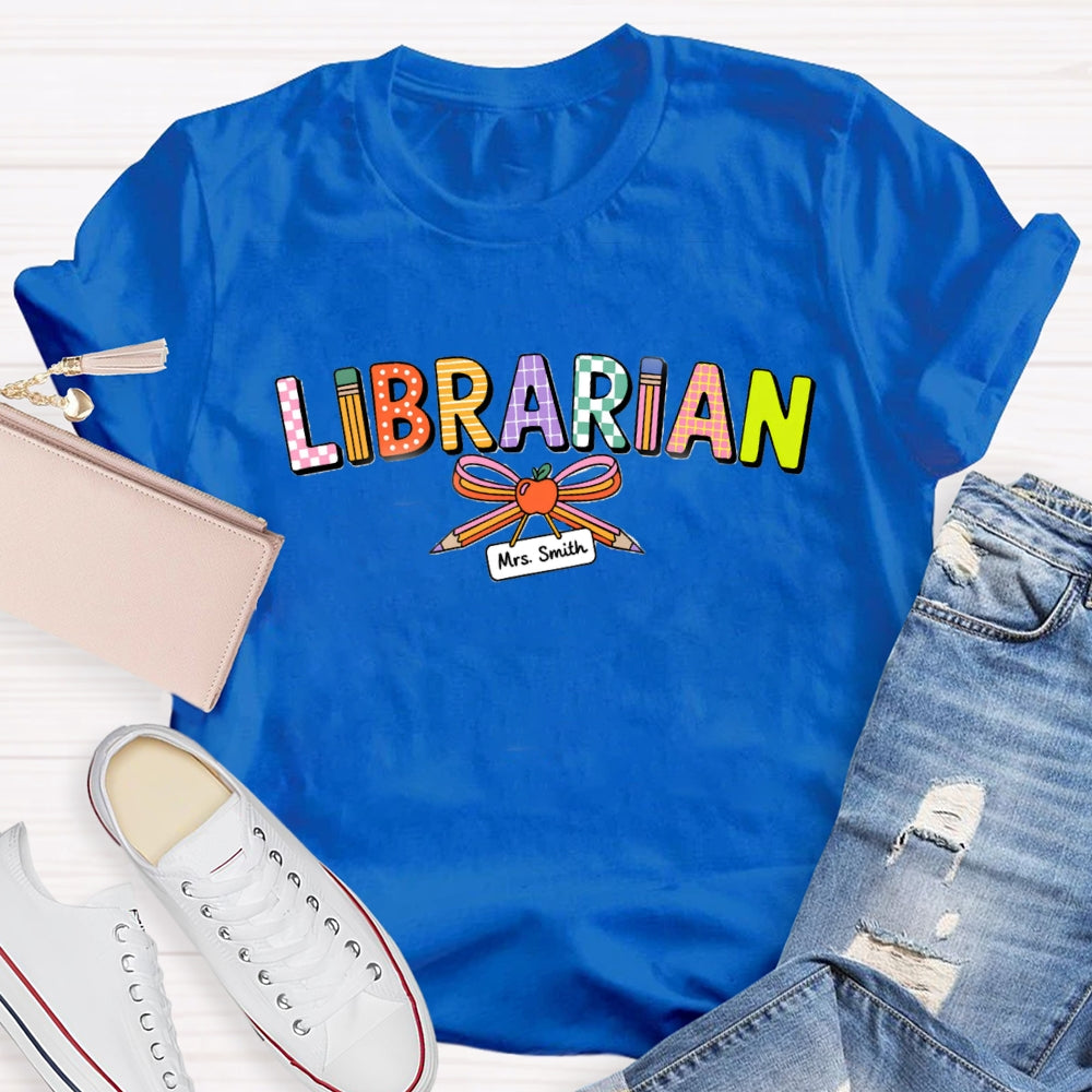 Personalized Name Librarian Pencil Bow T-Shirt