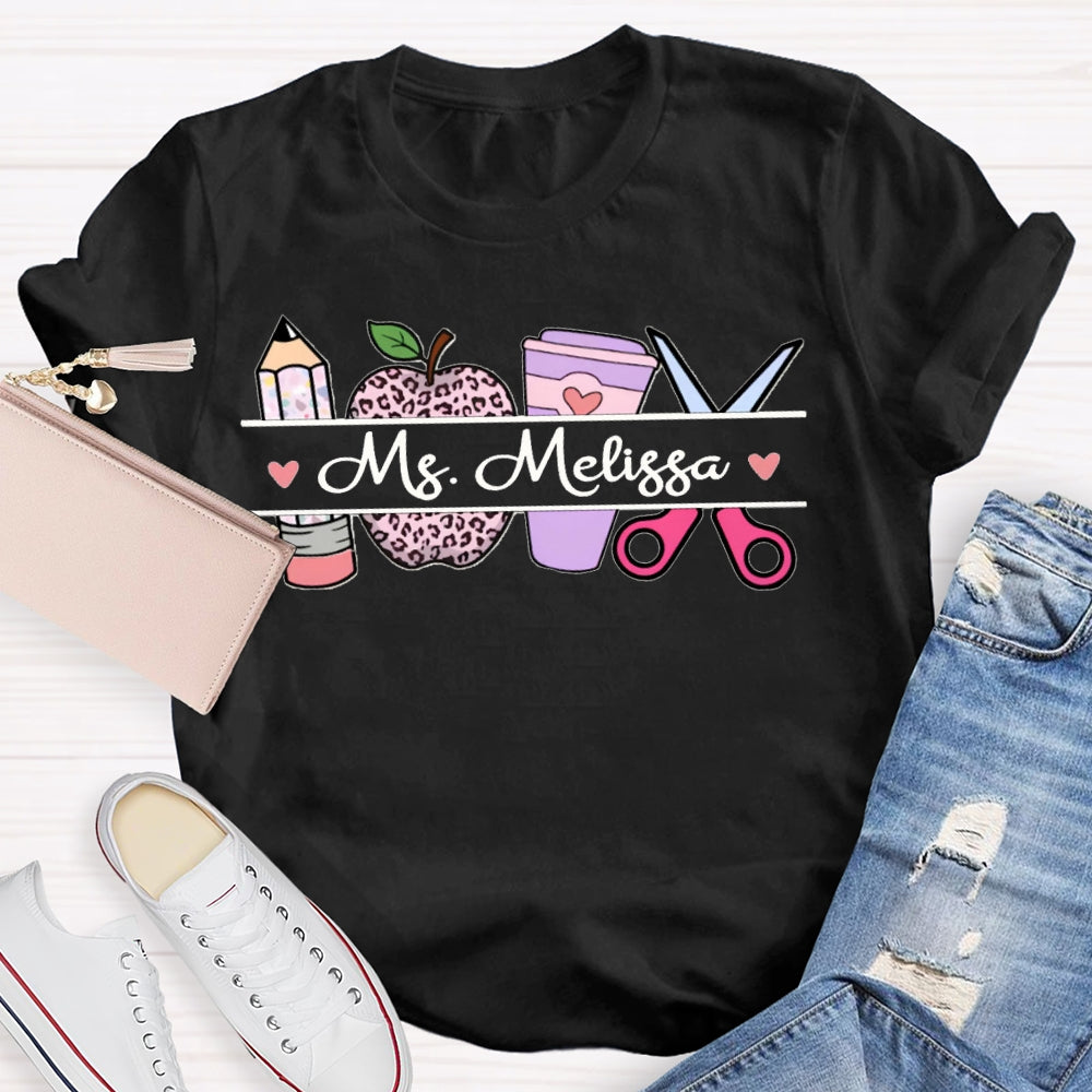 Personalized Name Back To School Leopard Print Apple And Coffee T-shirt