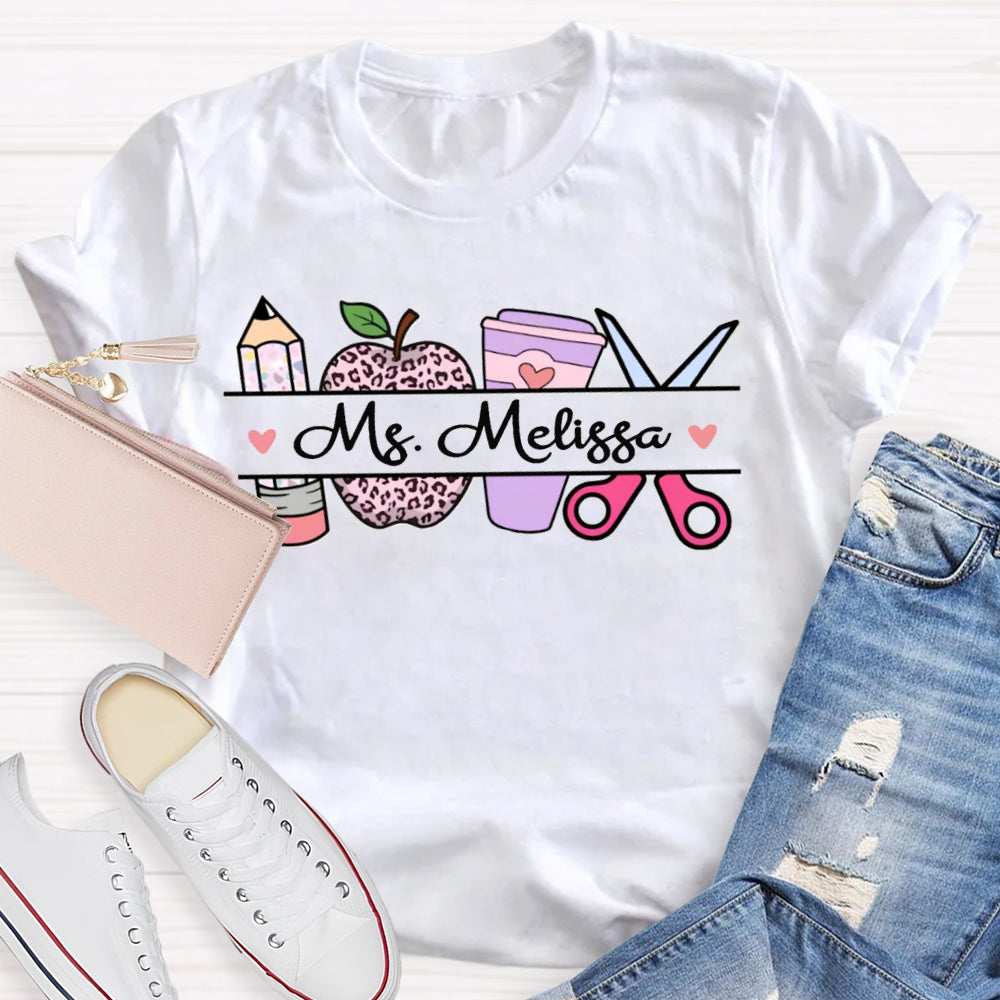 Personalized Name Back To School Leopard Print Apple And Coffee T-shirt