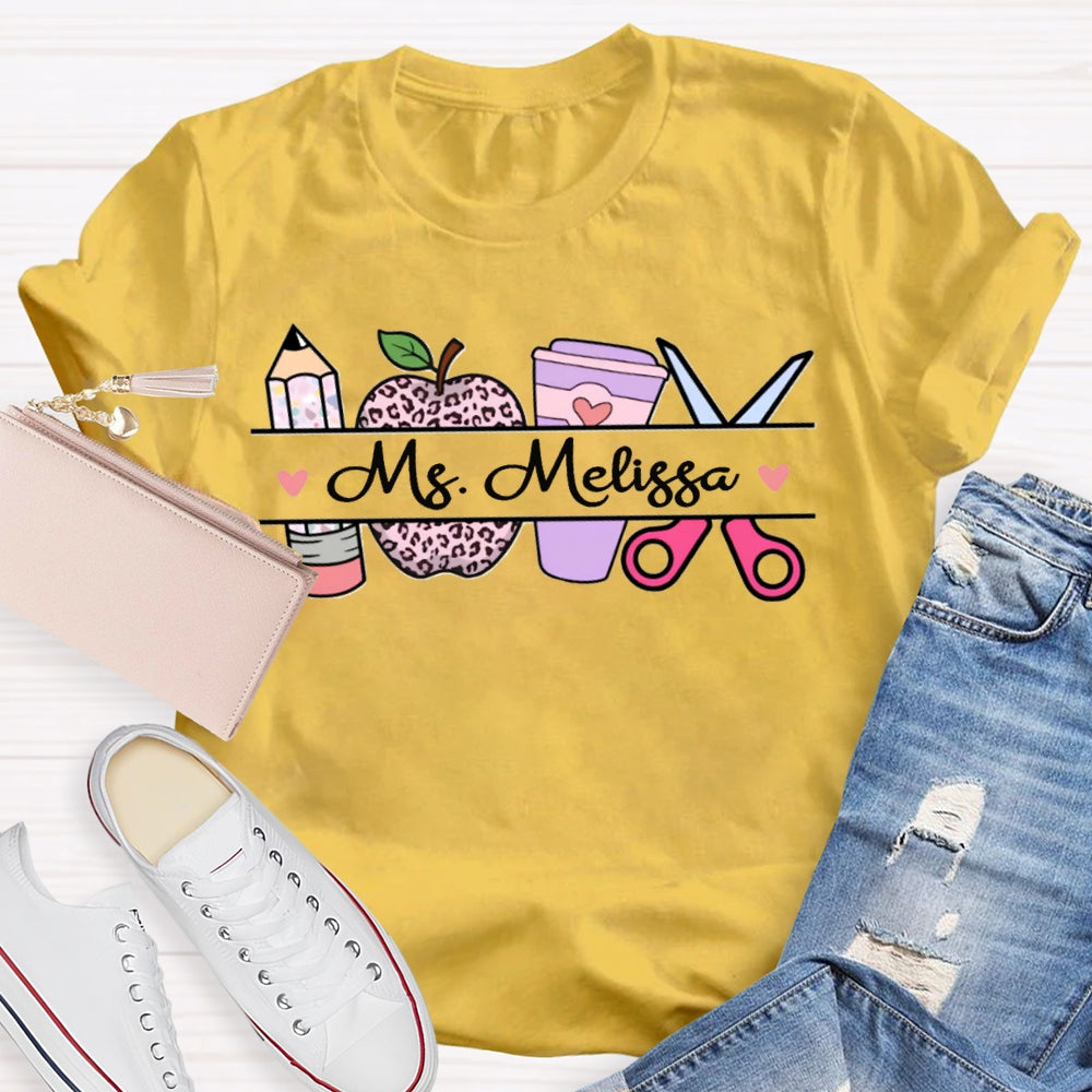 Personalized Name Back To School Leopard Print Apple And Coffee T-shirt