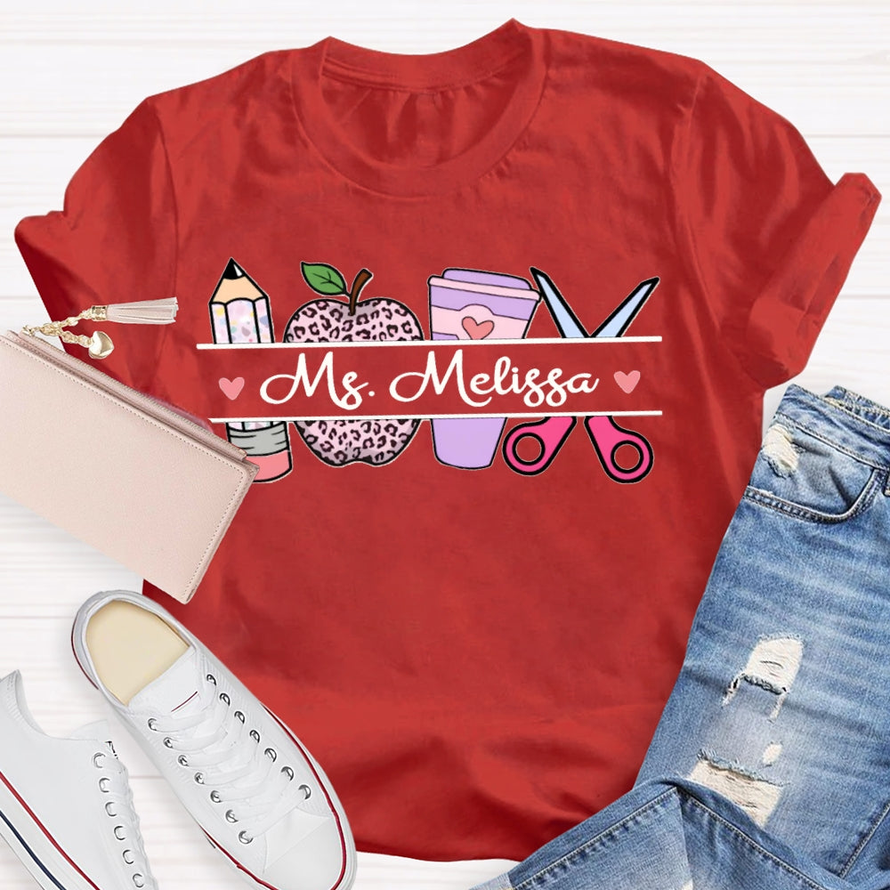Personalized Name Back To School Leopard Print Apple And Coffee T-shirt