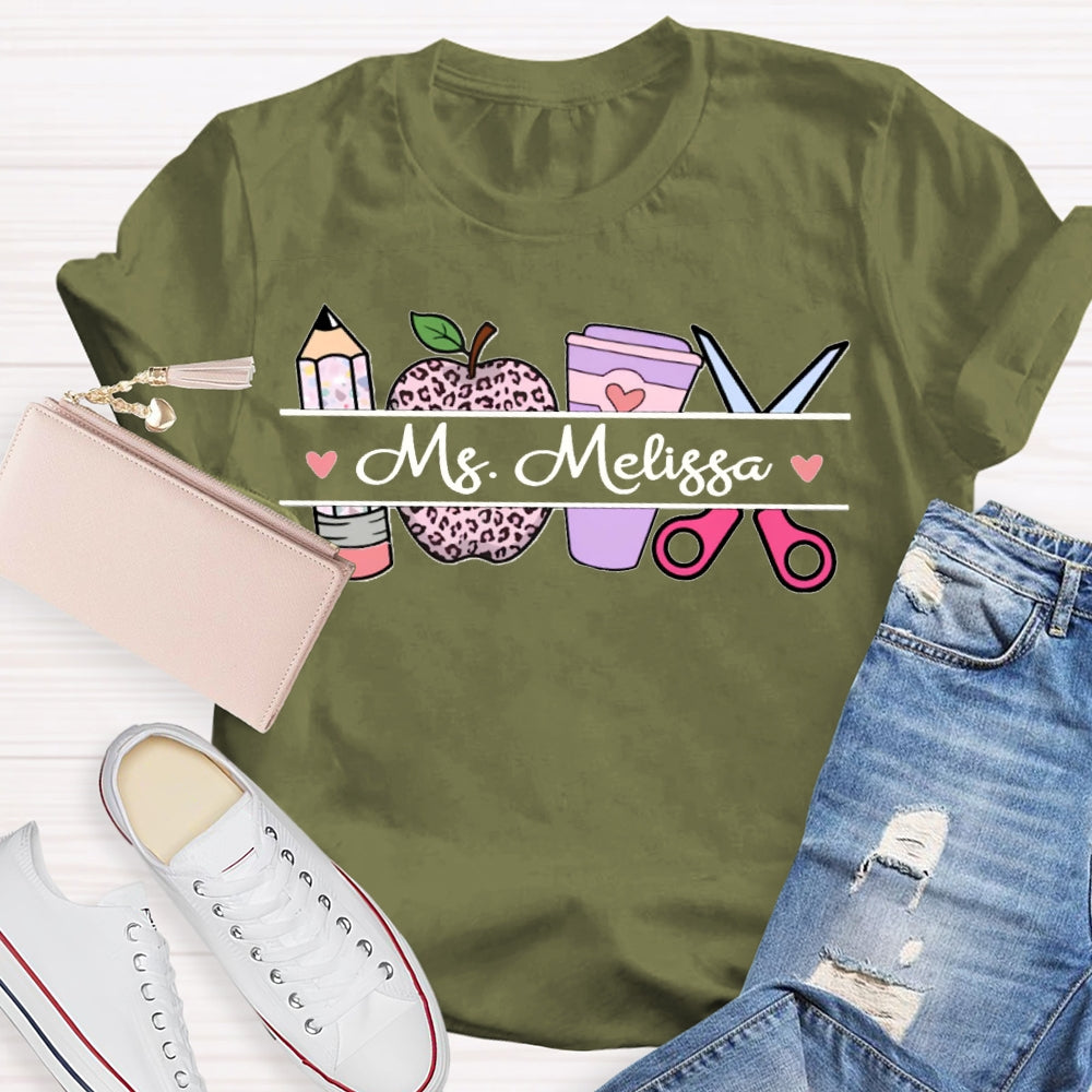 Personalized Name Back To School Leopard Print Apple And Coffee T-shirt