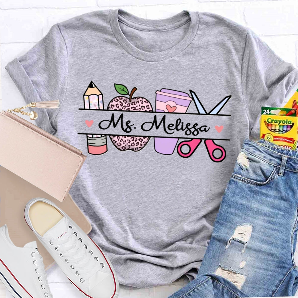 Personalized Name Back To School Leopard Print Apple And Coffee T-shirt