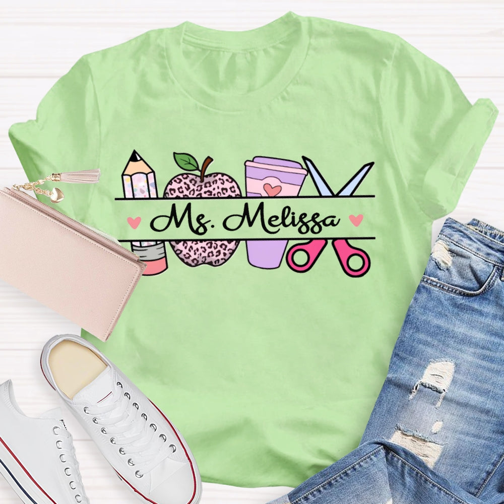 Personalized Name Back To School Leopard Print Apple And Coffee T-shirt