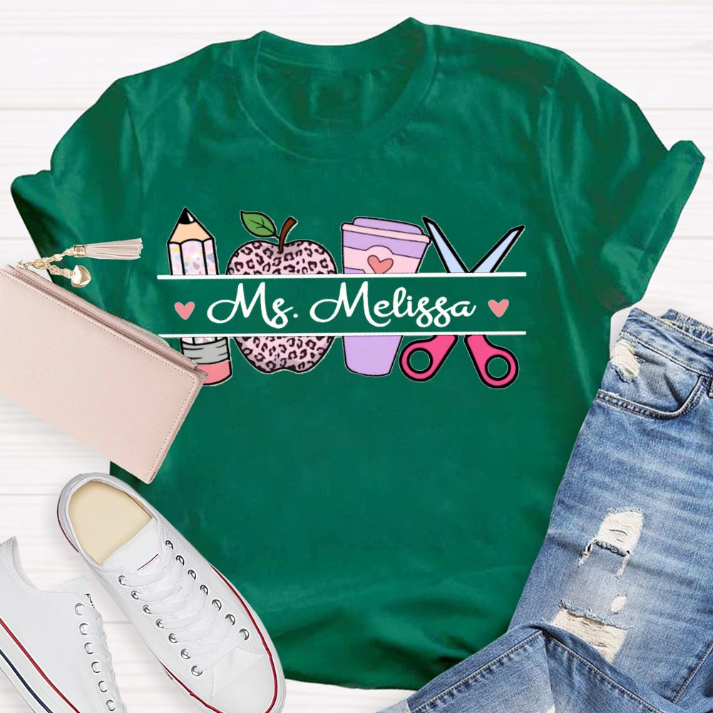 Personalized Name Back To School Leopard Print Apple And Coffee T-shirt