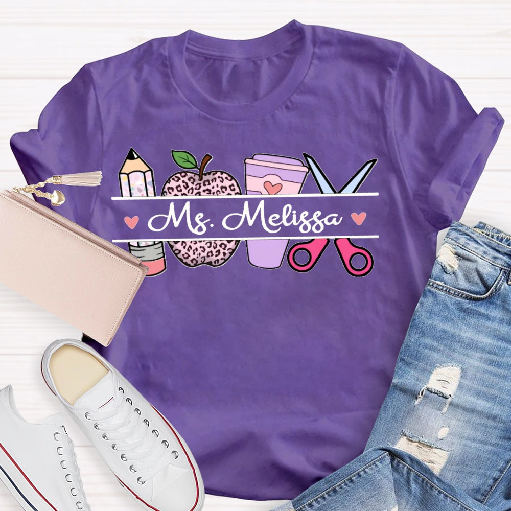 Personalized Name Back To School Leopard Print Apple And Coffee T-shirt
