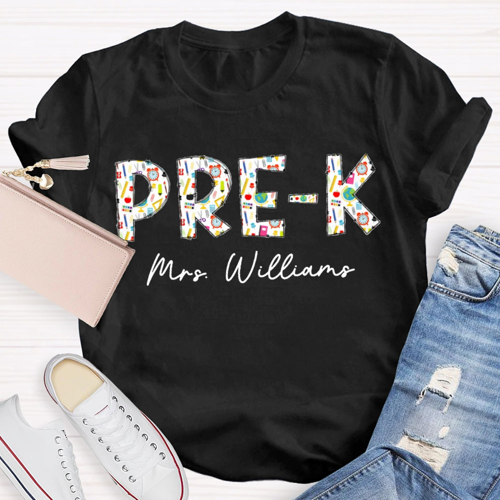 Personalized Name Pre-K Welcome Back To School Colorful Patterned Letters T-shirt