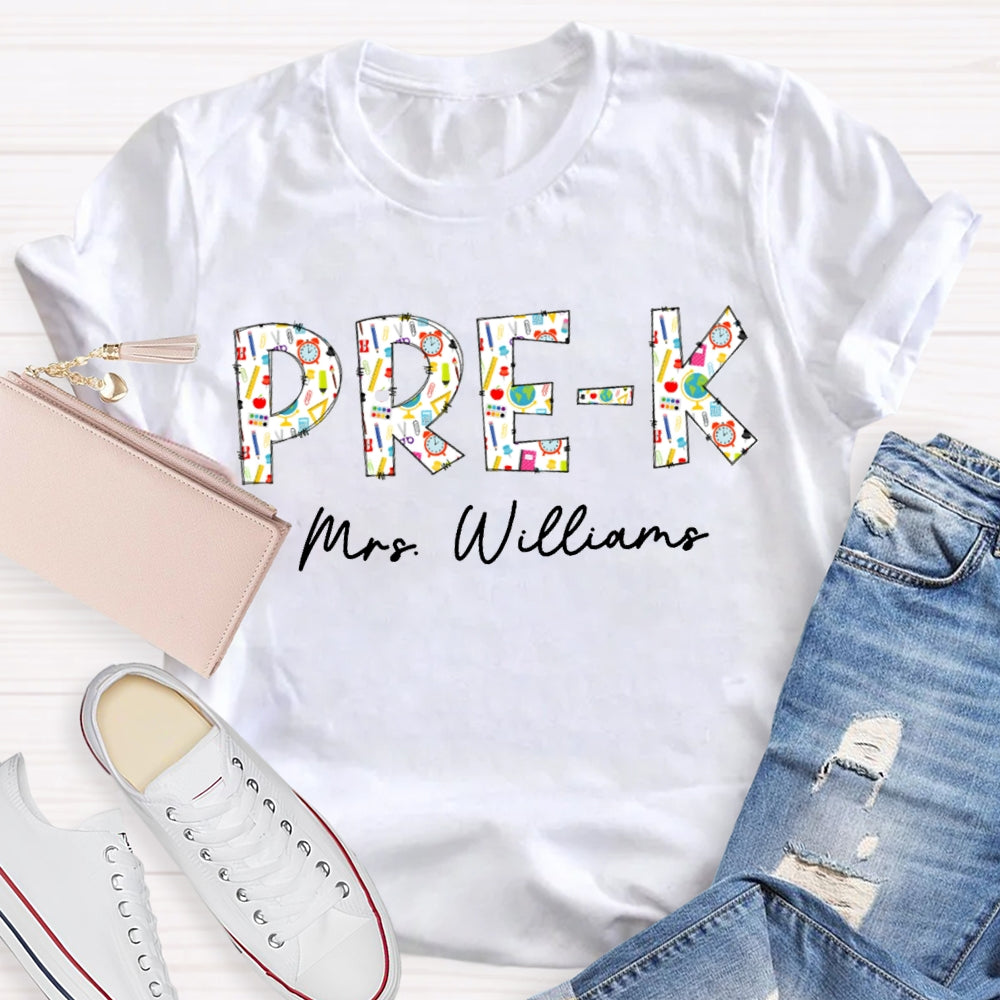Personalized Name Pre-K Welcome Back To School Colorful Patterned Letters T-shirt