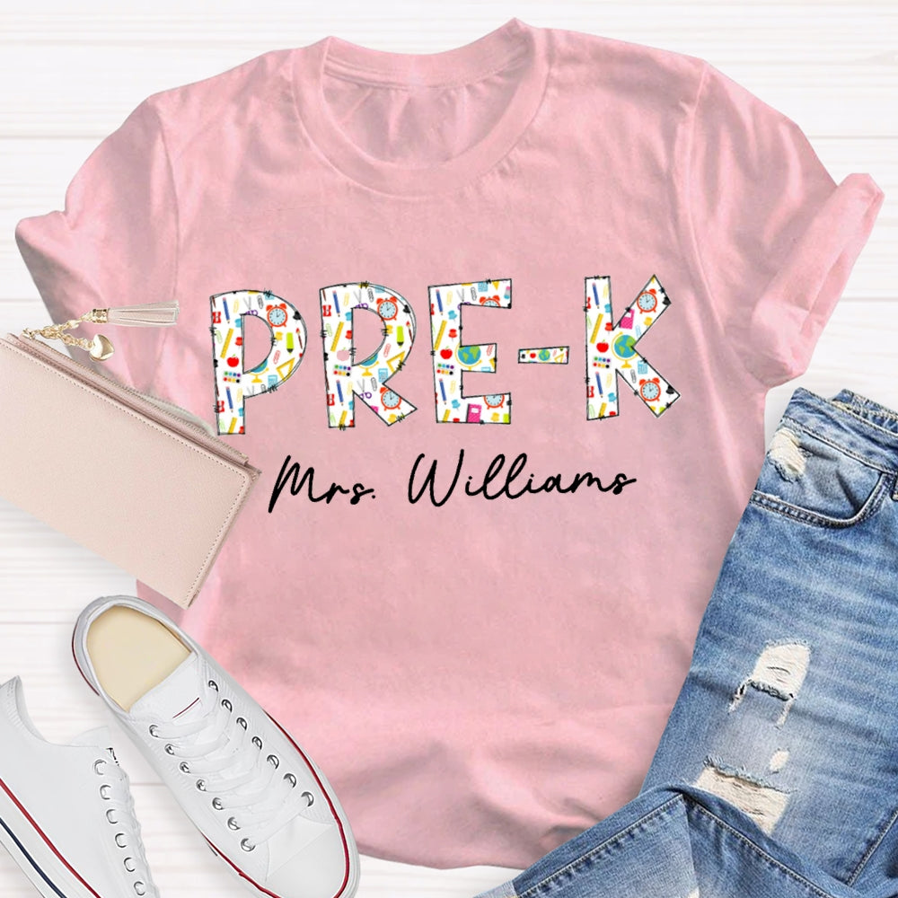 Personalized Name Pre-K Welcome Back To School Colorful Patterned Letters T-shirt