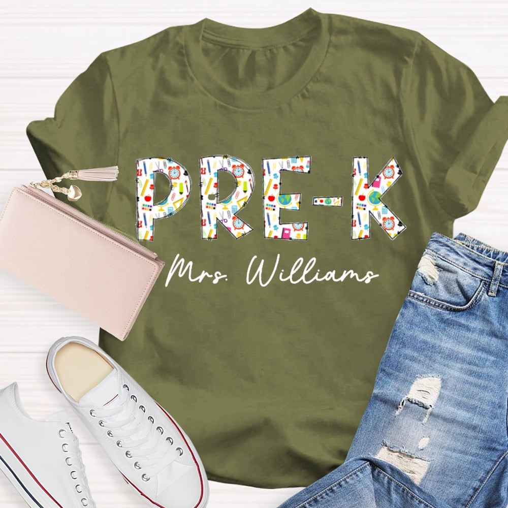Personalized Name Pre-K Welcome Back To School Colorful Patterned Letters T-shirt