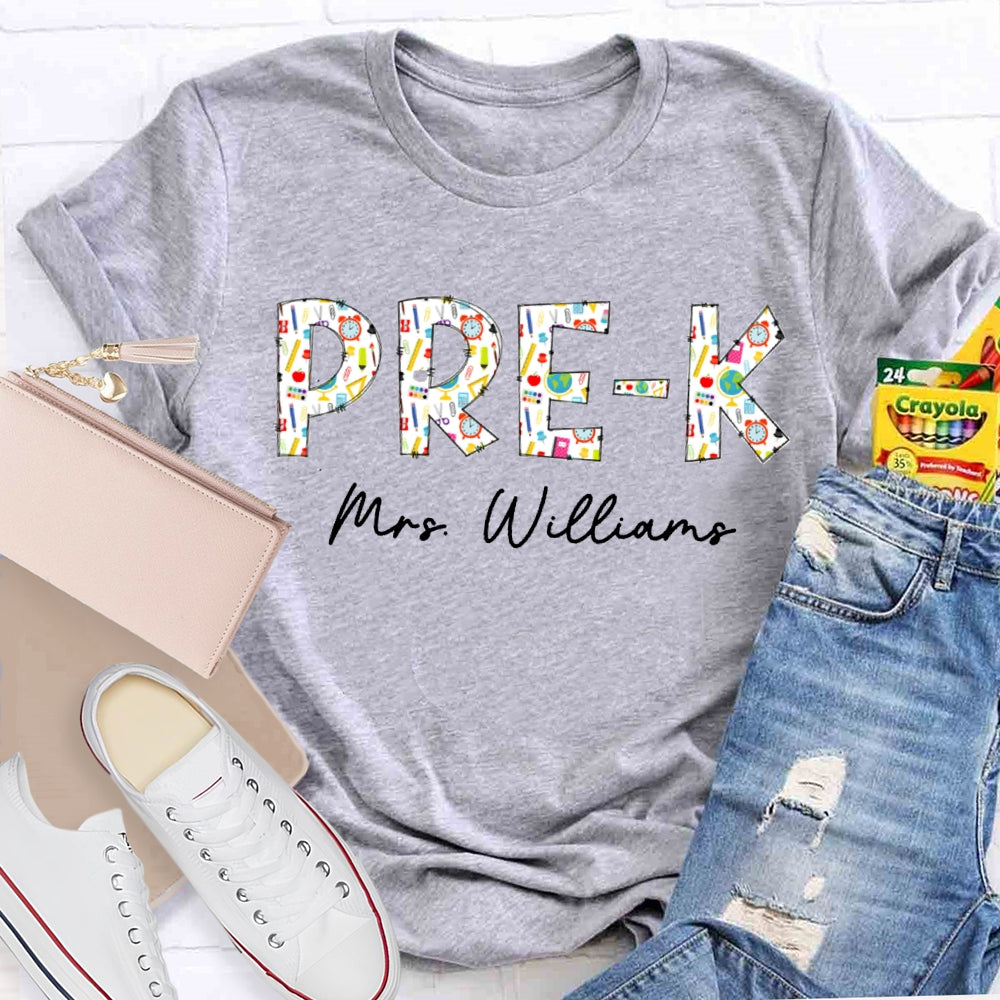 Personalized Name Pre-K Welcome Back To School Colorful Patterned Letters T-shirt