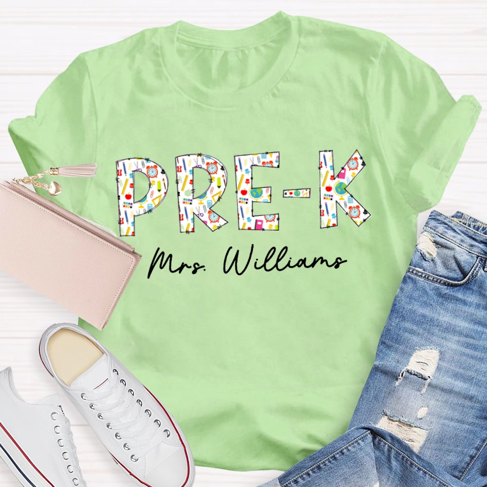 Personalized Name Pre-K Welcome Back To School Colorful Patterned Letters T-shirt