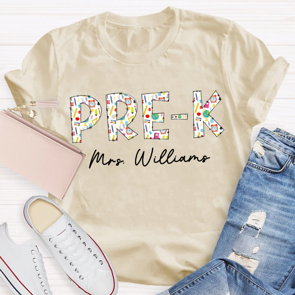 Personalized Name Pre-K Welcome Back To School Colorful Patterned Letters T-shirt
