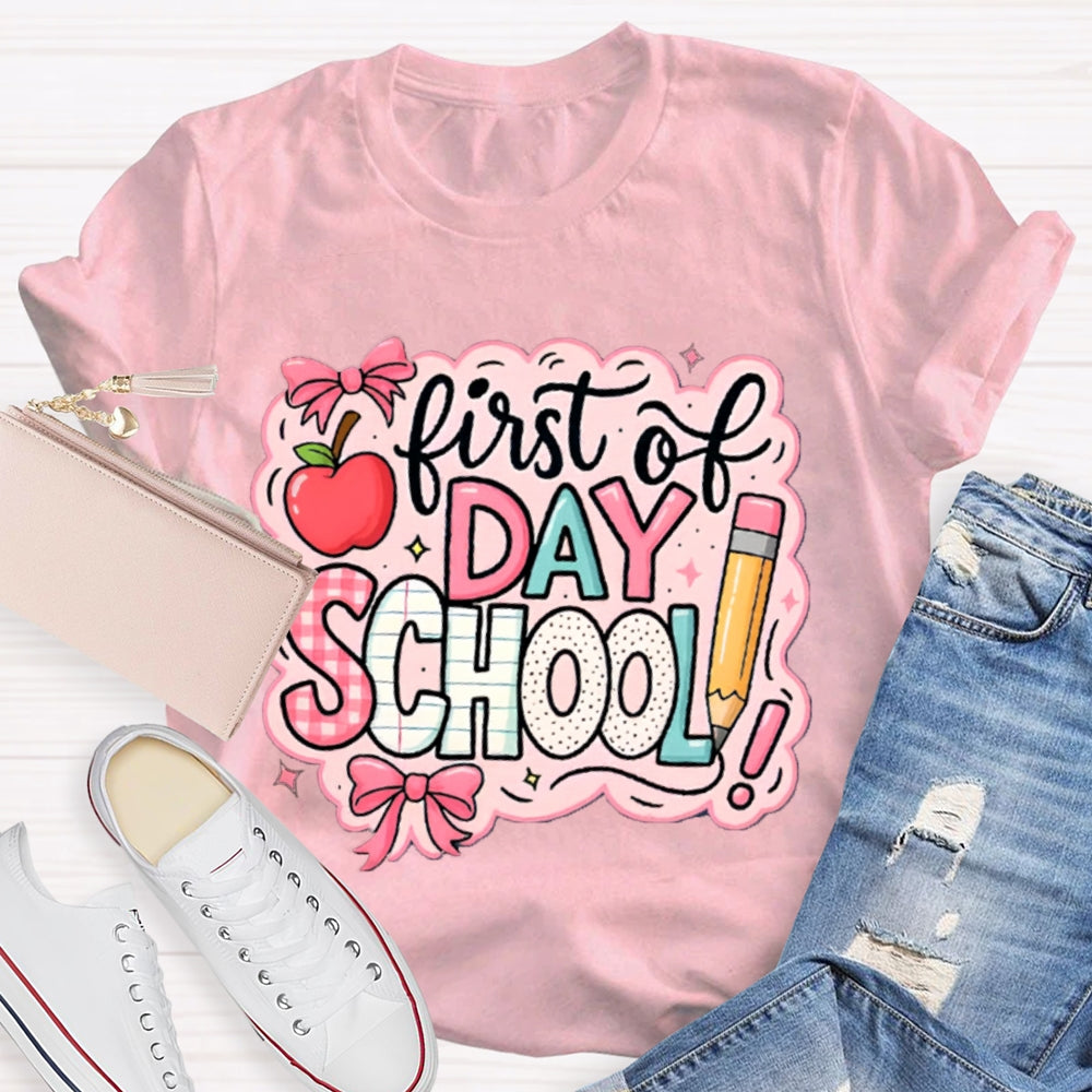 First Day Of School Pink Printed Bow And Apple T-shirt