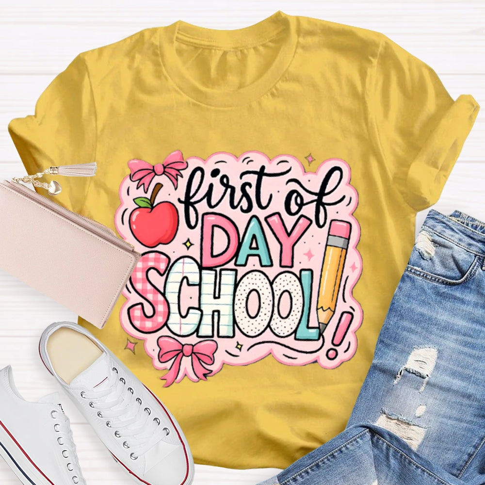 First Day Of School Pink Printed Bow And Apple T-shirt