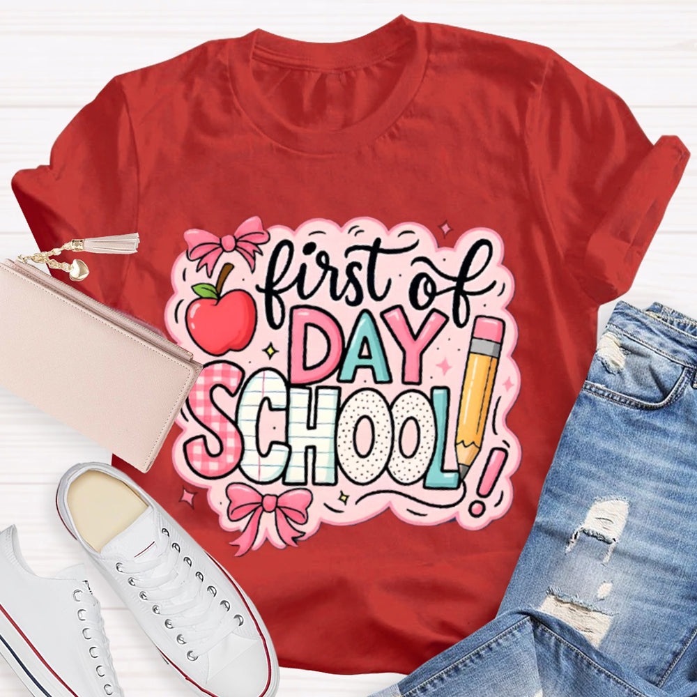 First Day Of School Pink Printed Bow And Apple T-shirt