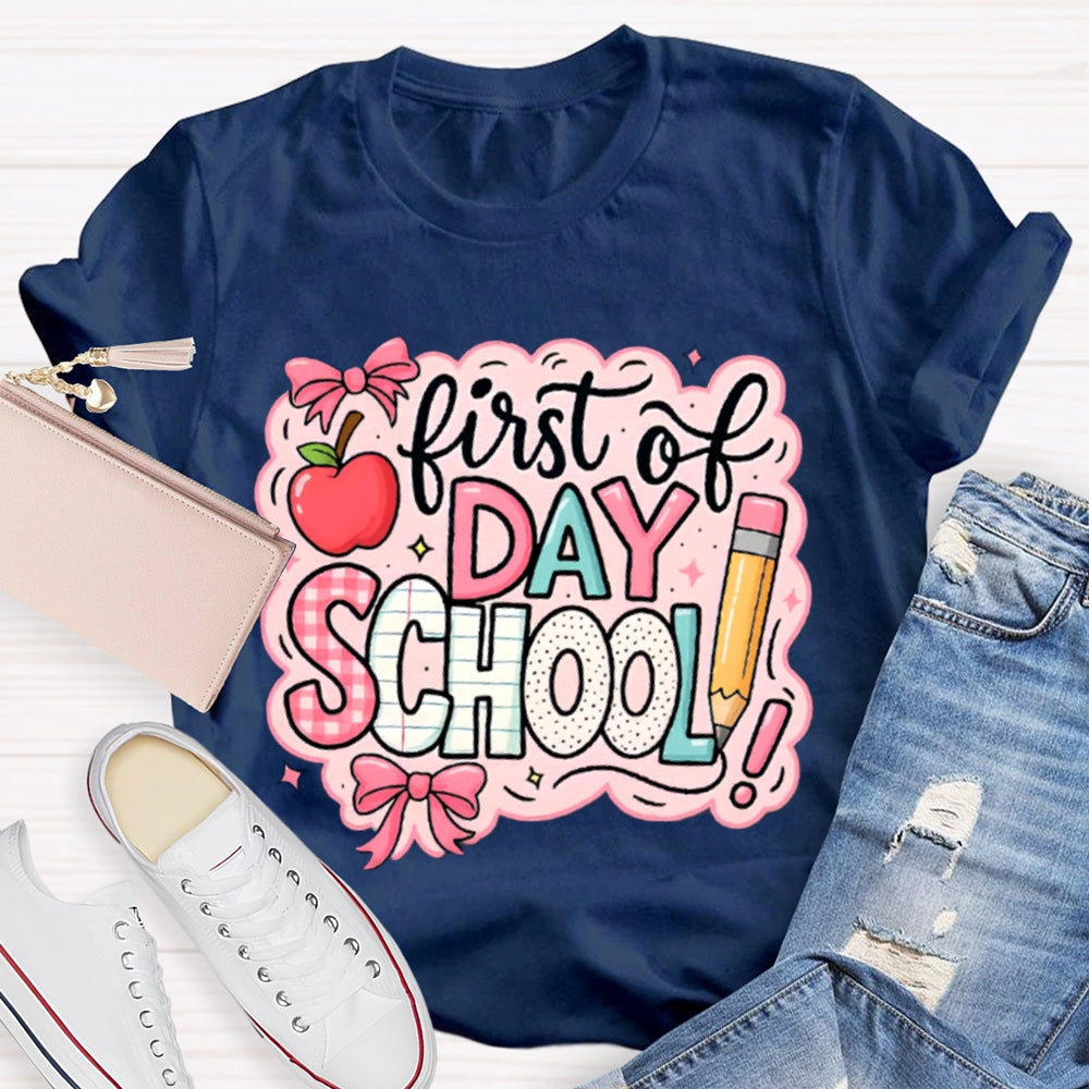 First Day Of School Pink Printed Bow And Apple T-shirt