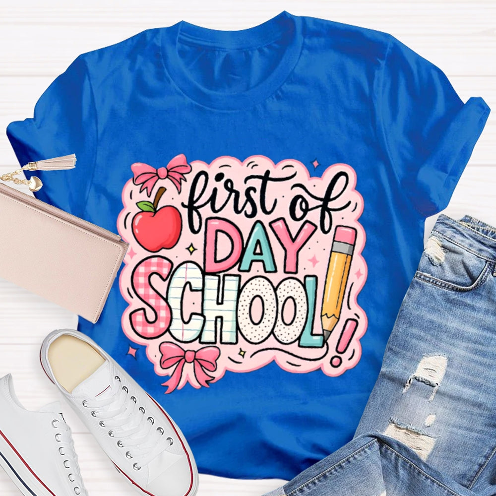 First Day Of School Pink Printed Bow And Apple T-shirt
