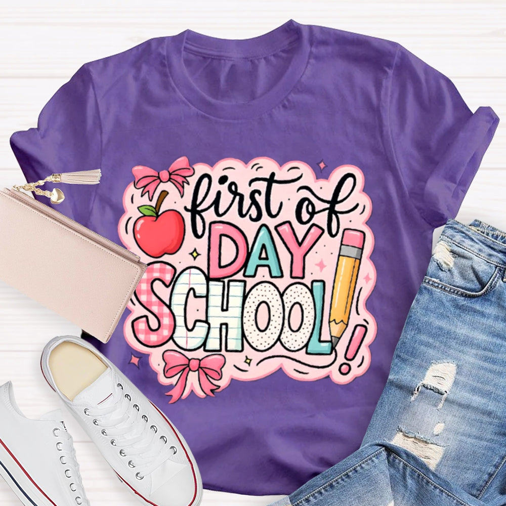 First Day Of School Pink Printed Bow And Apple T-shirt