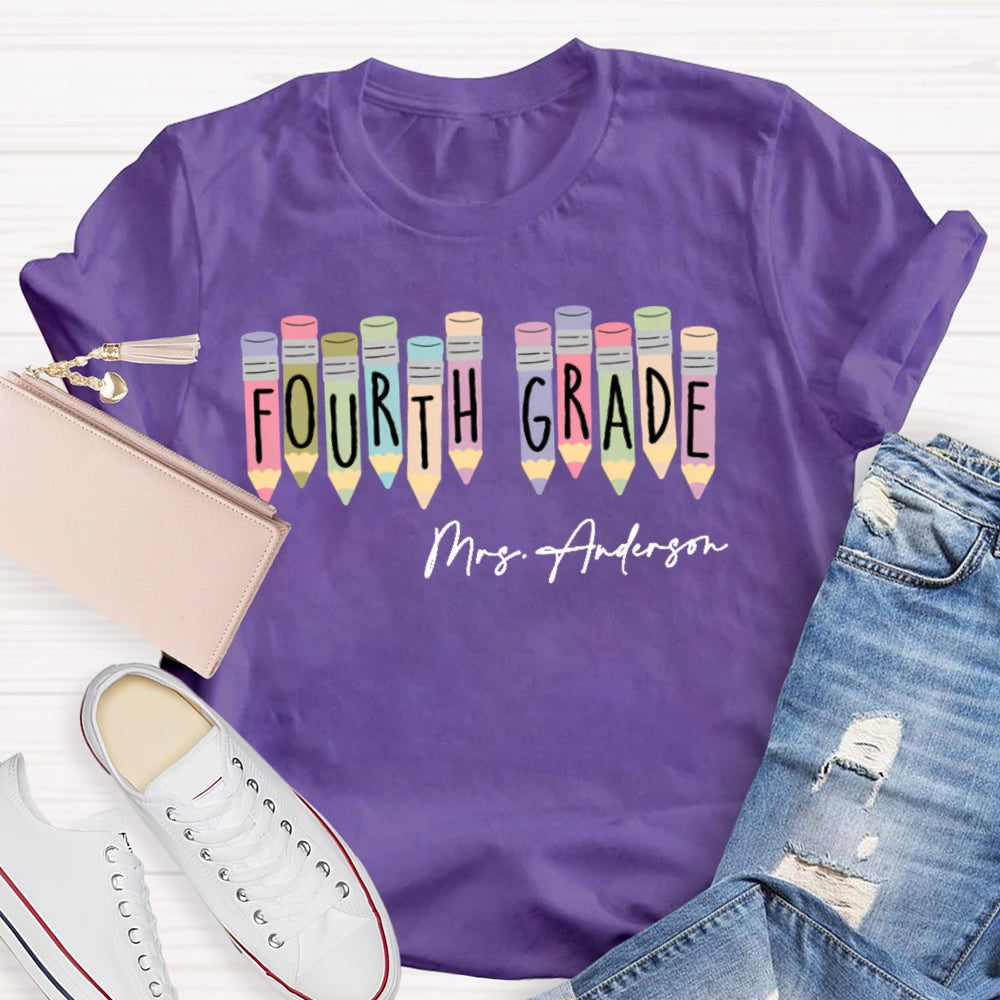 Personalized Name  And Grade Fourth Grade Colored Crayons T-shirt