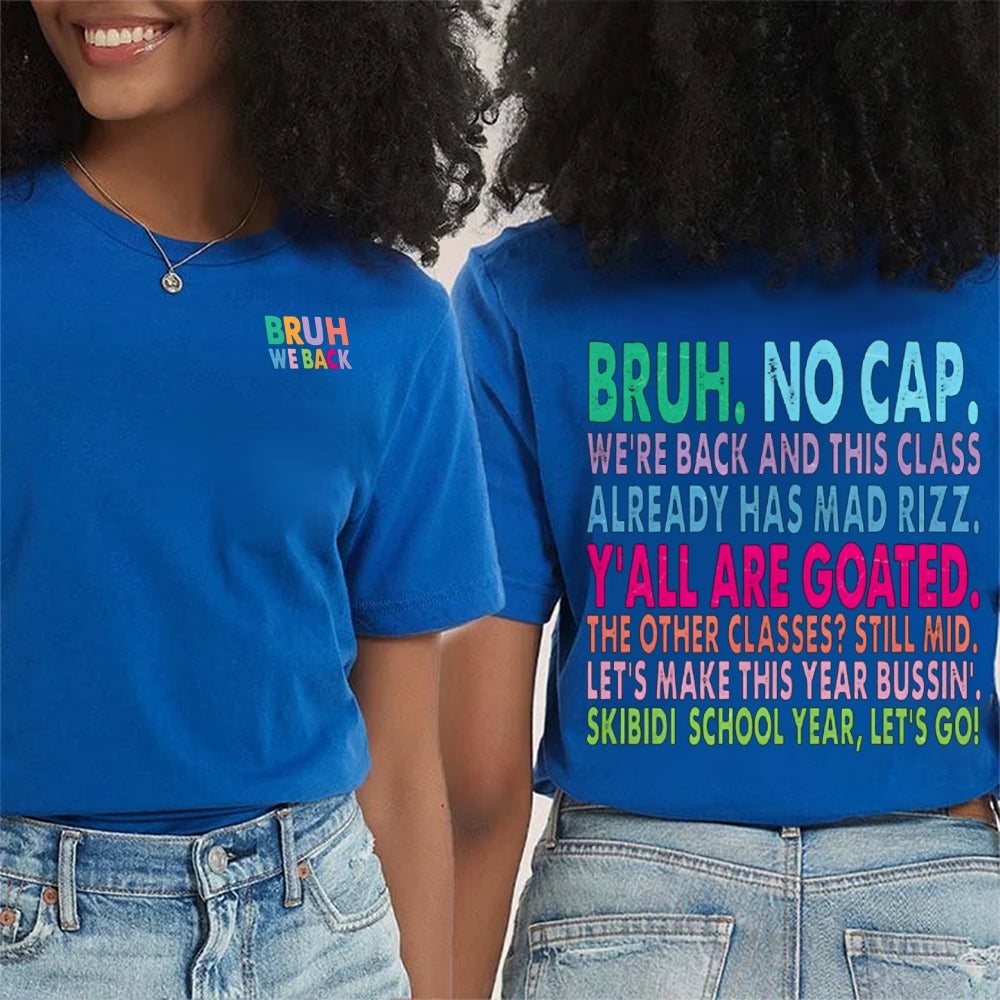 Personalized Name Bruh No Cap We'Re Back And This Class Already Has Mad Rizz Double Printed T-shirt