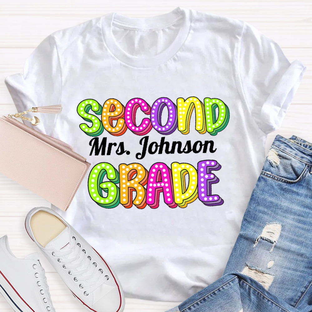 Personalized Name And Grade Second Grade Colored Polka Dots Letters T-shirt