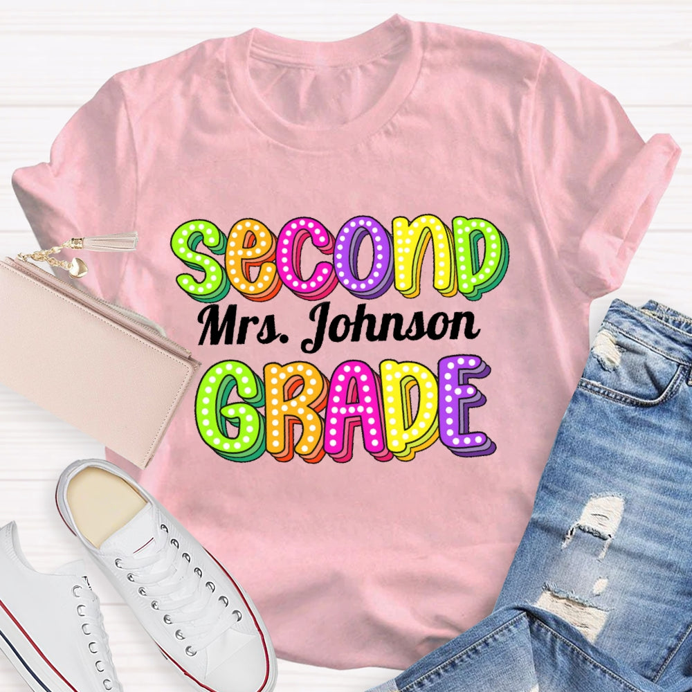 Personalized Name And Grade Second Grade Colored Polka Dots Letters T-shirt
