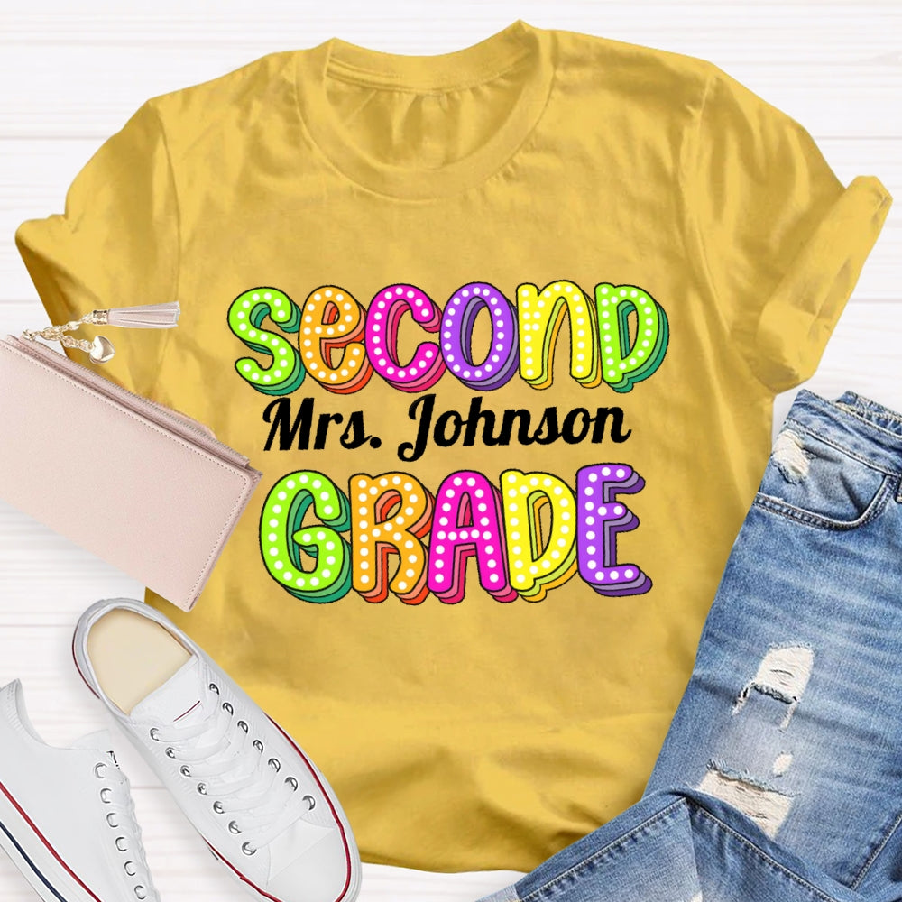 Personalized Name And Grade Second Grade Colored Polka Dots Letters T-shirt