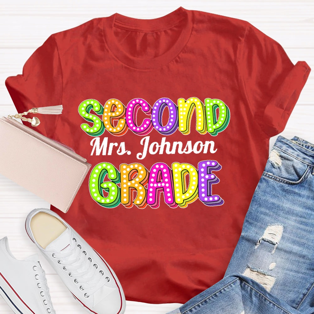 Personalized Name And Grade Second Grade Colored Polka Dots Letters T-shirt