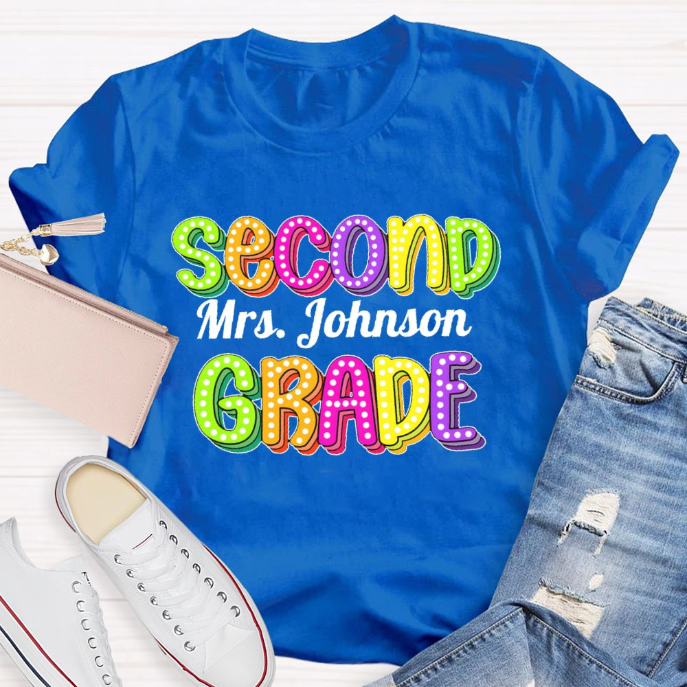 Personalized Name And Grade Second Grade Colored Polka Dots Letters T-shirt