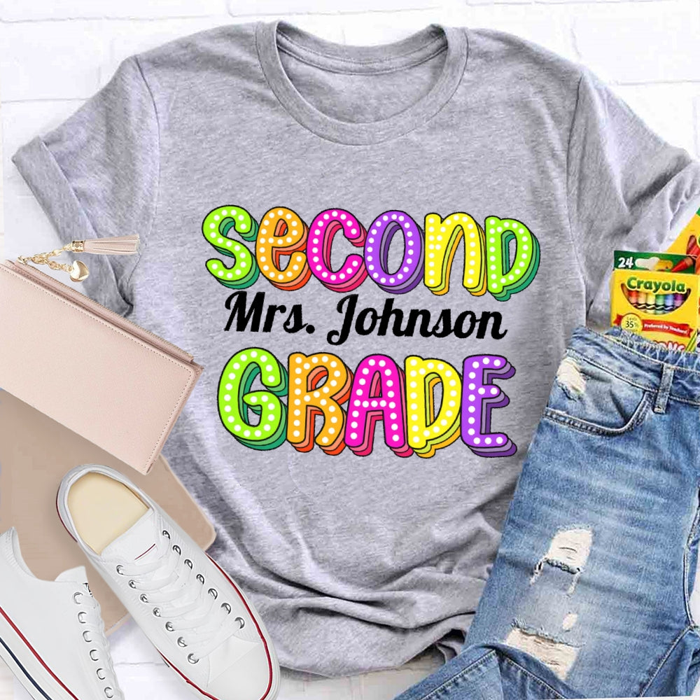 Personalized Name And Grade Second Grade Colored Polka Dots Letters T-shirt