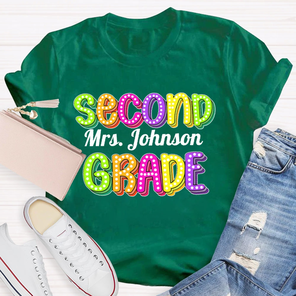 Personalized Name And Grade Second Grade Colored Polka Dots Letters T-shirt
