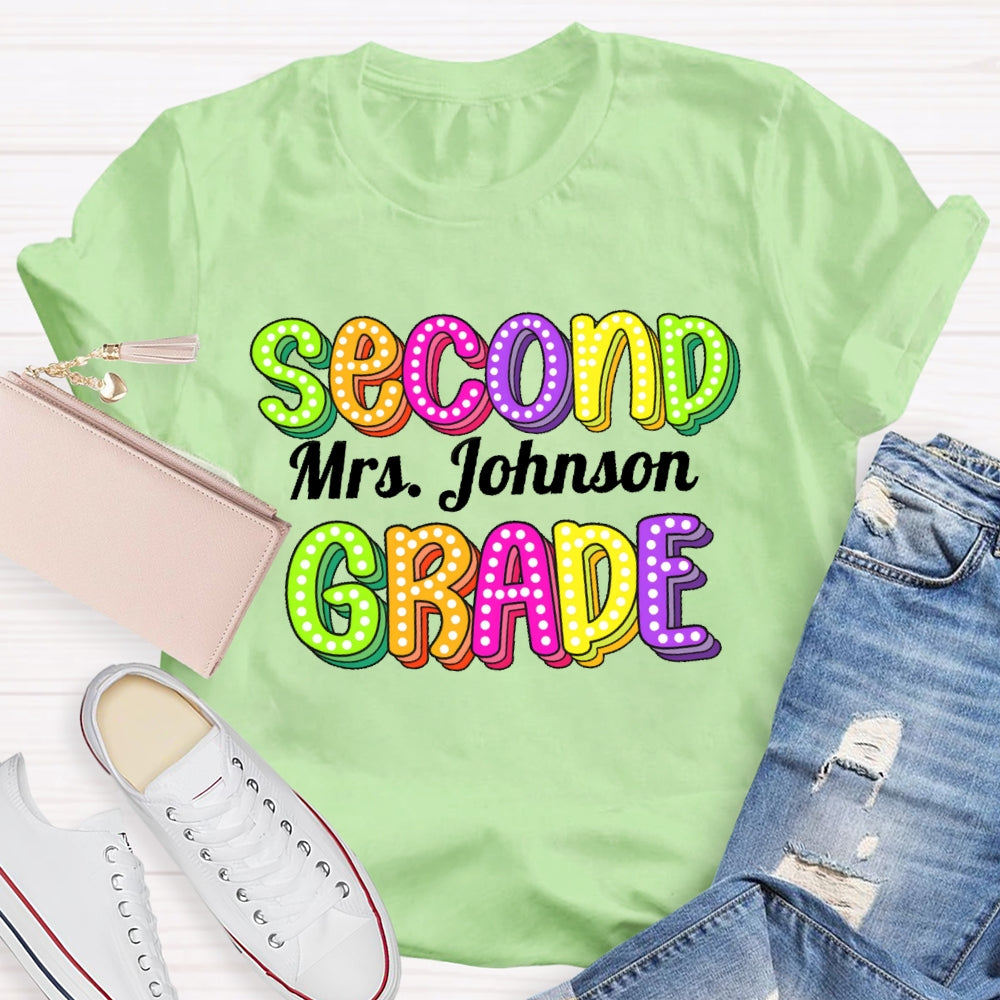 Personalized Name And Grade Second Grade Colored Polka Dots Letters T-shirt