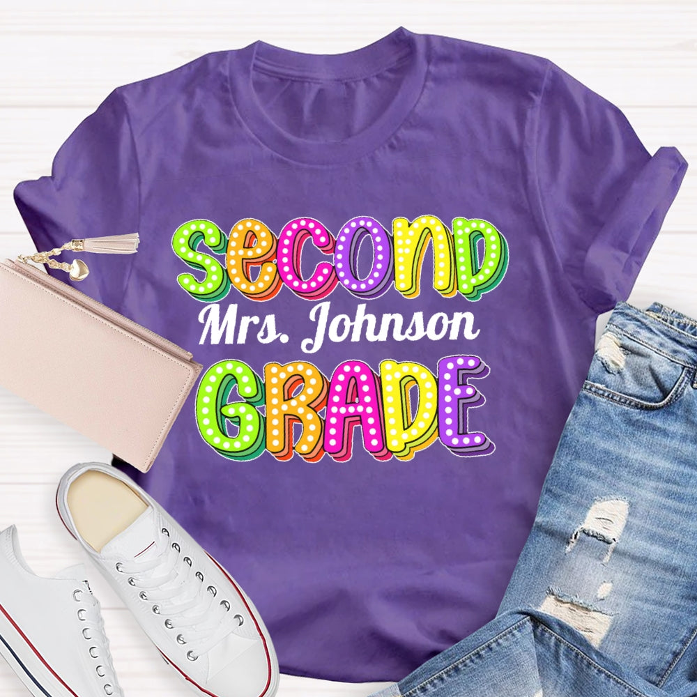 Personalized Name And Grade Second Grade Colored Polka Dots Letters T-shirt