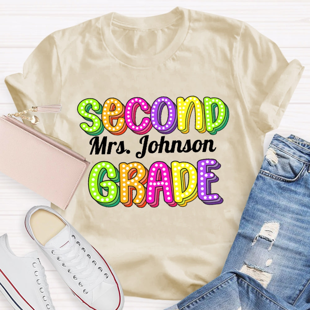 Personalized Name And Grade Second Grade Colored Polka Dots Letters T-shirt