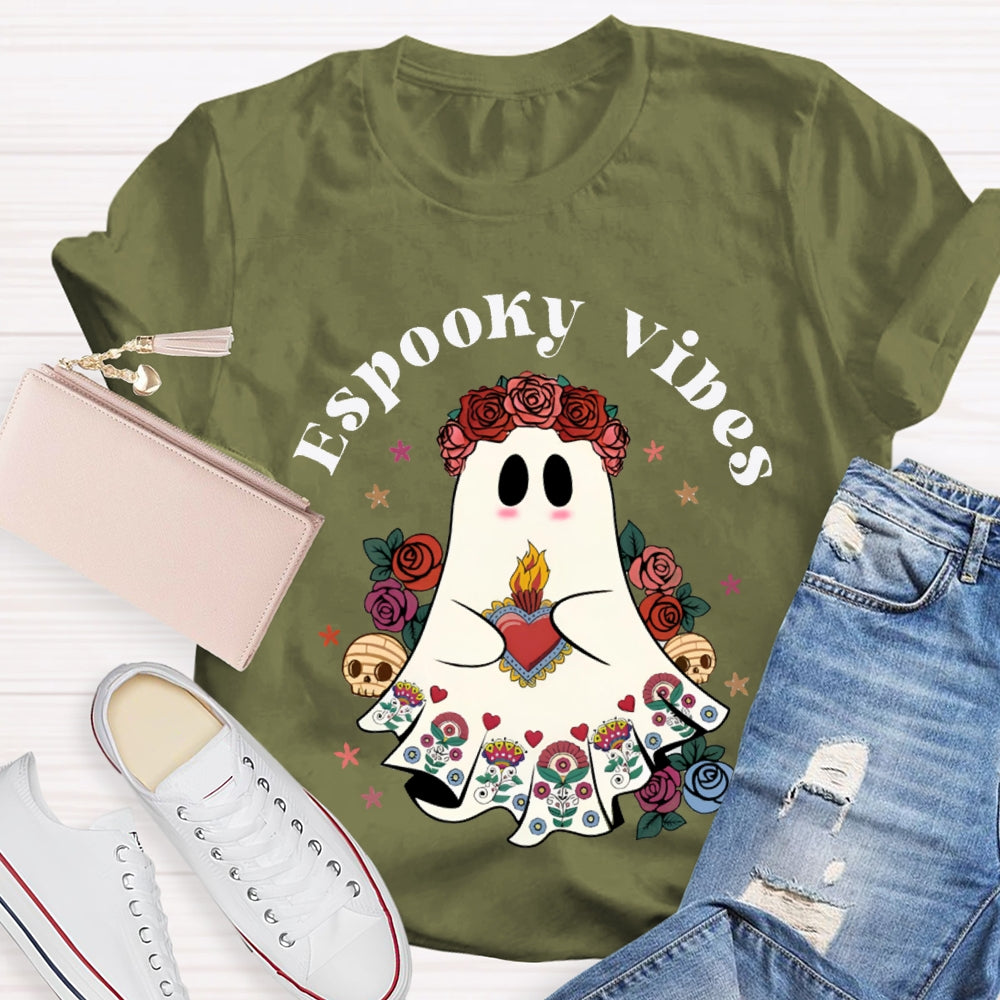 Espooky Vibes Little Ghost Wearing A Rose Wreath Halloween T-shirt