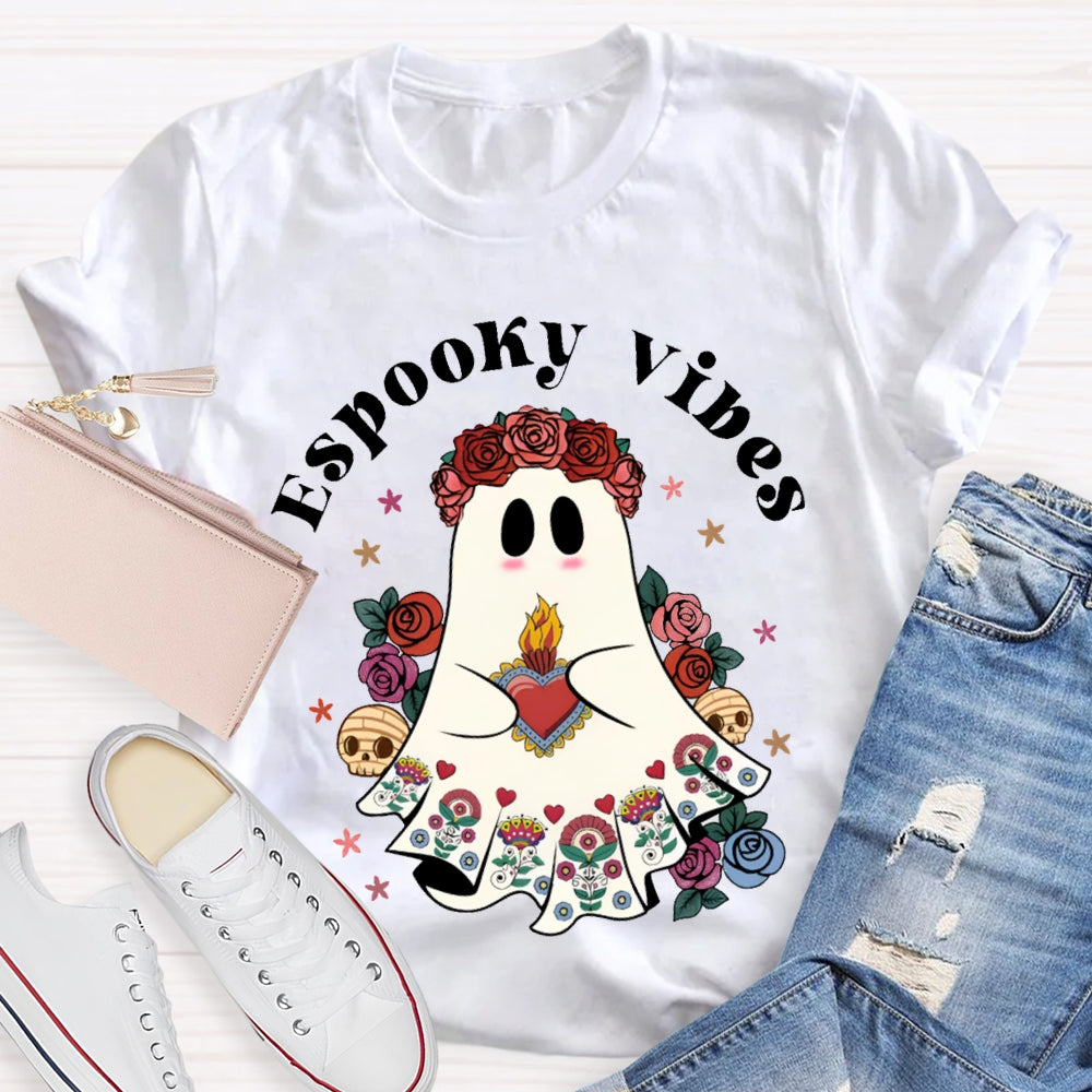 Espooky Vibes Little Ghost Wearing A Rose Wreath Halloween T-shirt