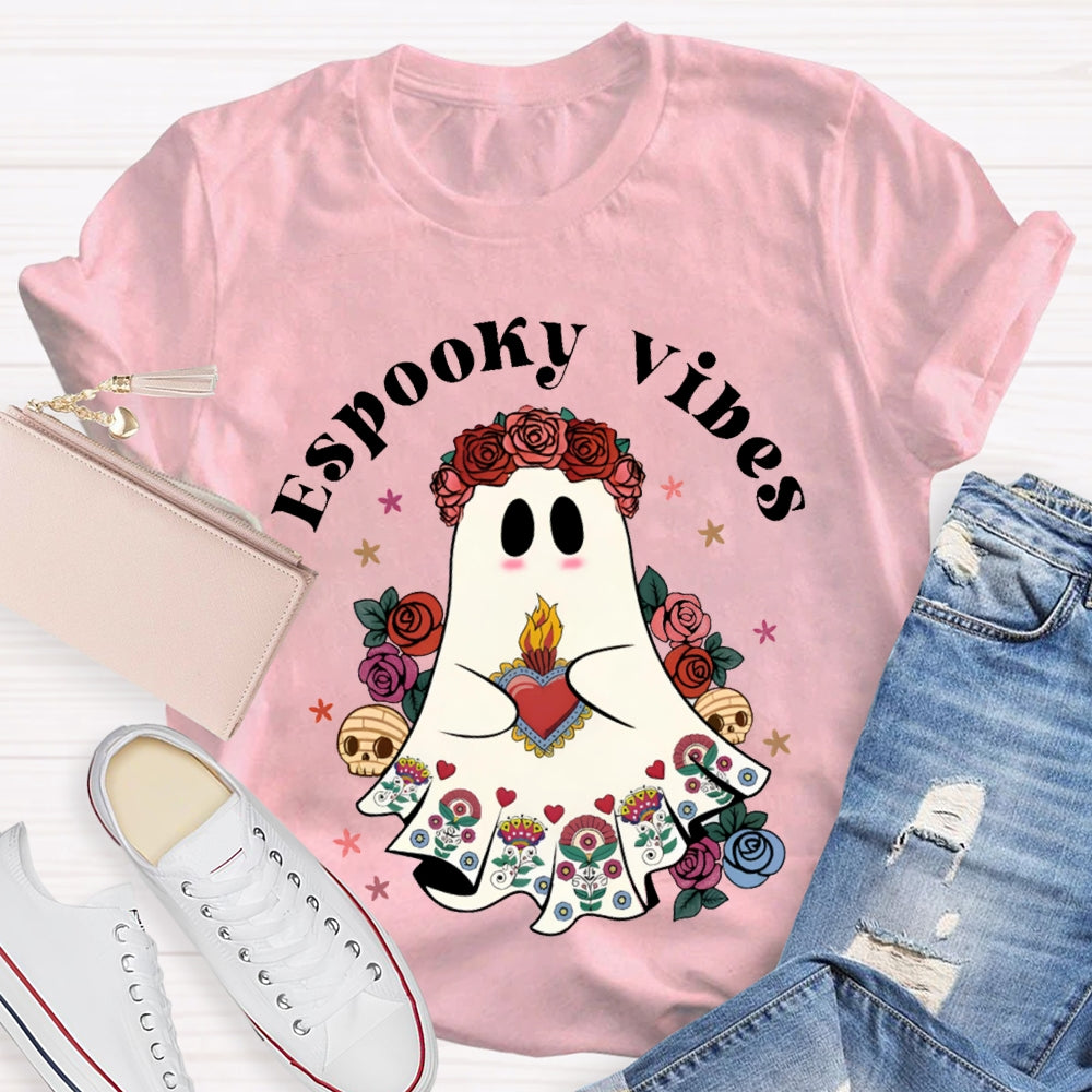 Espooky Vibes Little Ghost Wearing A Rose Wreath Halloween T-shirt