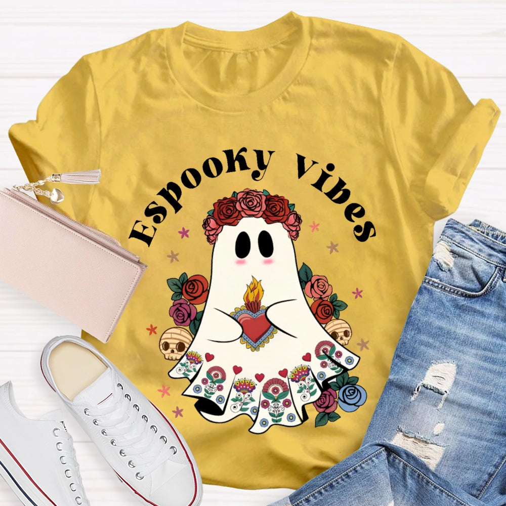 Espooky Vibes Little Ghost Wearing A Rose Wreath Halloween T-shirt