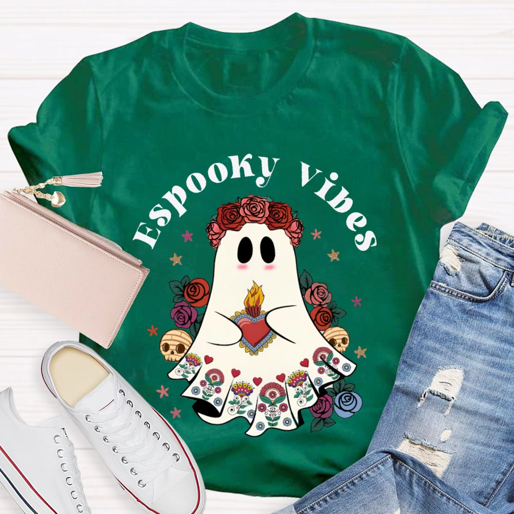 Espooky Vibes Little Ghost Wearing A Rose Wreath Halloween T-shirt