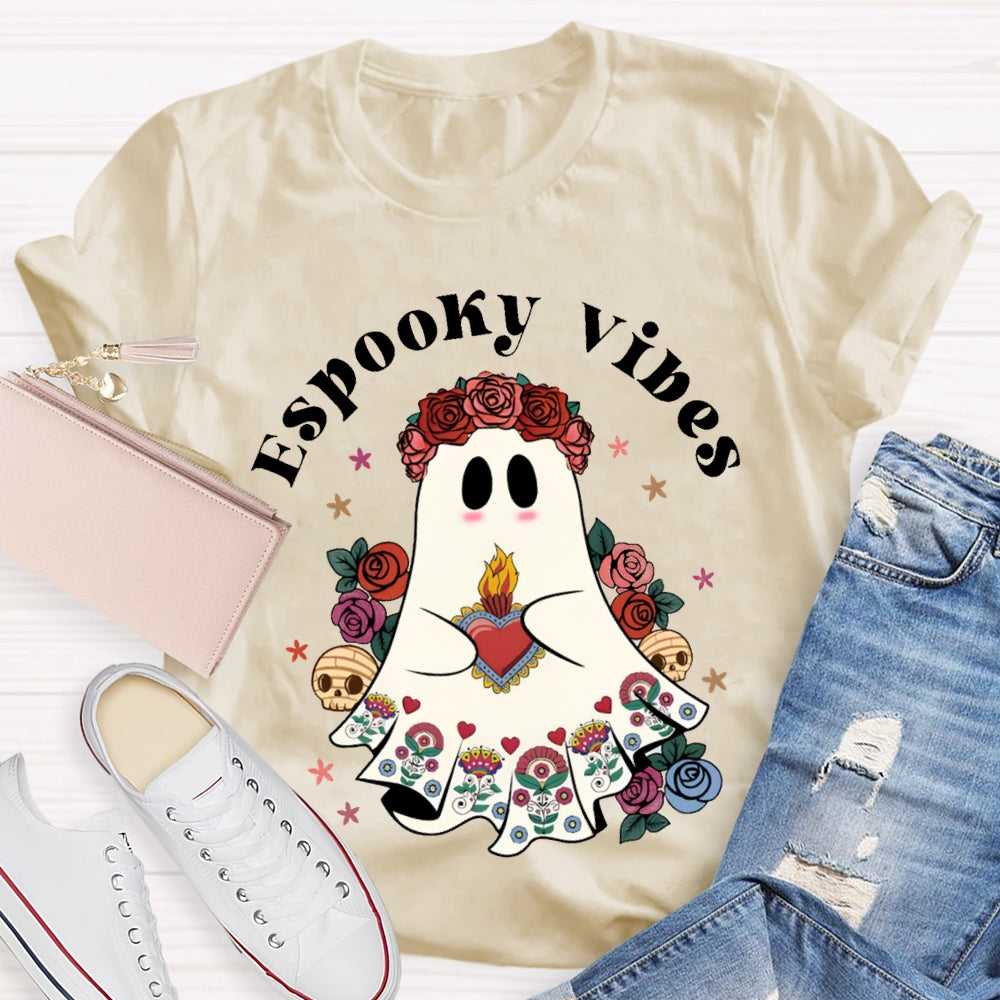 Espooky Vibes Little Ghost Wearing A Rose Wreath Halloween T-shirt