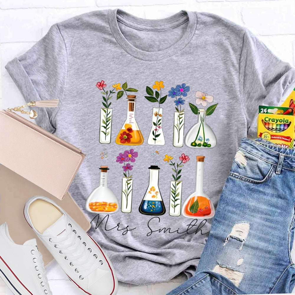 Personalized Name Back To School Various Flowers Science Teacher T-shirt