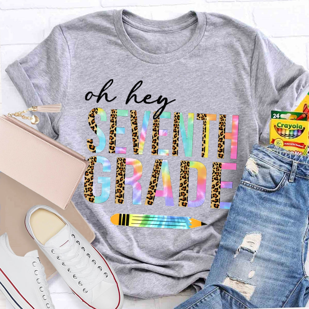 Personalized Grade Oh Hey Seventh Grade Leopard Print And Gradient Font Combination T-shirt
