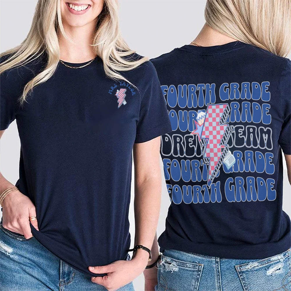 Personalized Name And Grade Fourth Grade Lightning Print Teacher Double Printed T-shirt