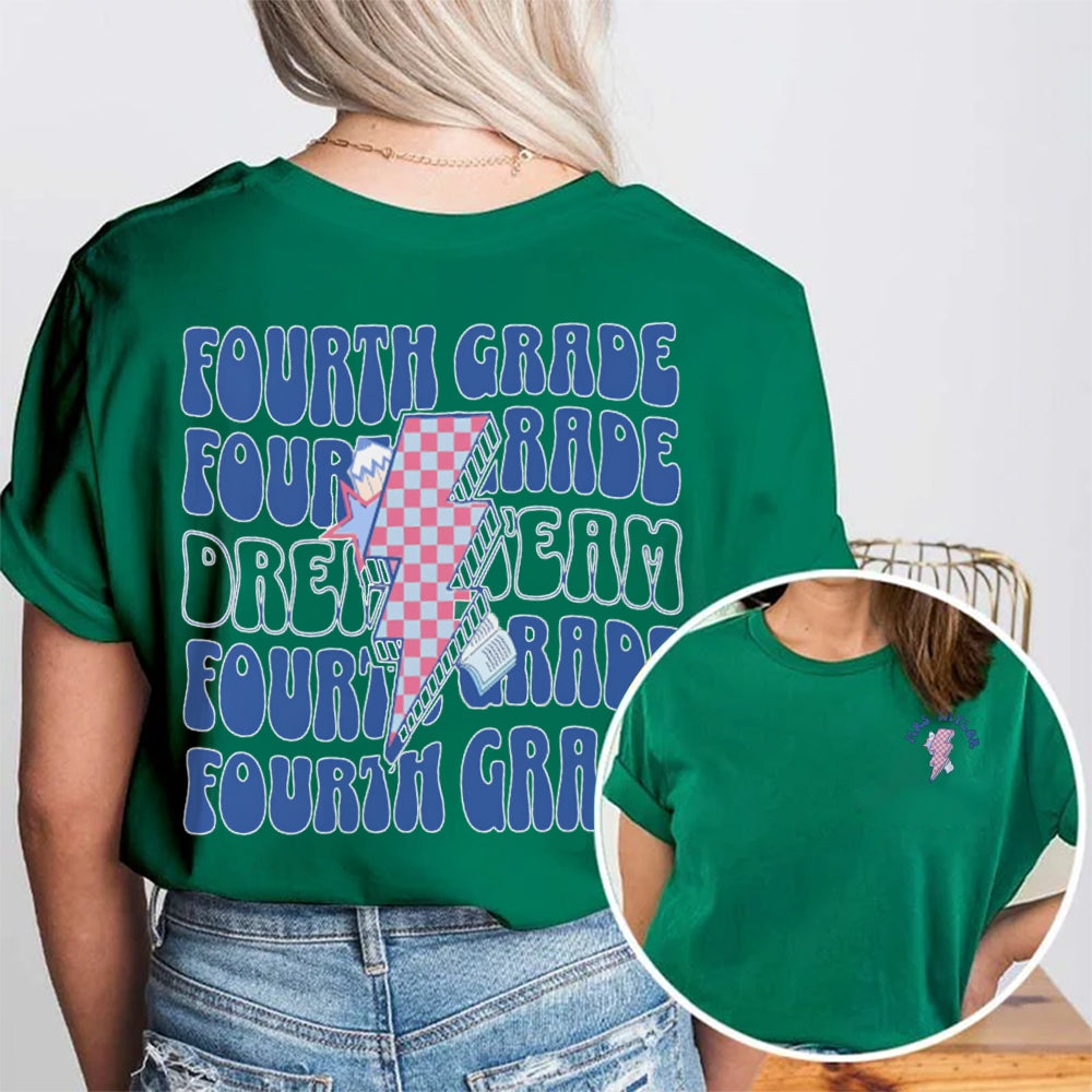 Personalized Name And Grade Fourth Grade Lightning Print Teacher Double Printed T-shirt