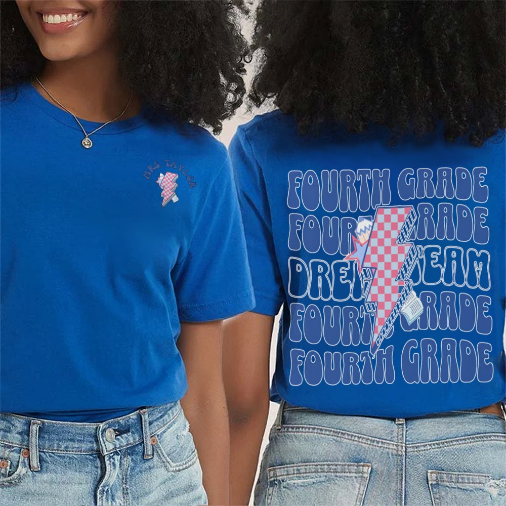 Personalized Name And Grade Fourth Grade Lightning Print Teacher Double Printed T-shirt