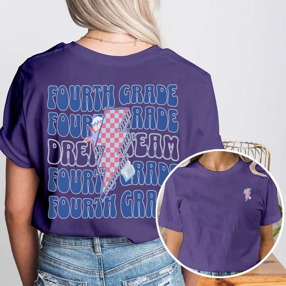 Personalized Name And Grade Fourth Grade Lightning Print Teacher Double Printed T-shirt