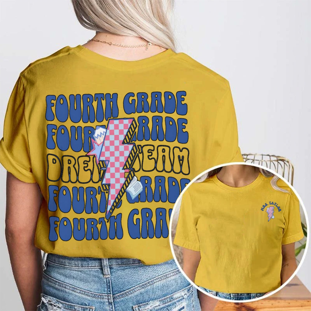 Personalized Name And Grade Fourth Grade Lightning Print Teacher Double Printed T-shirt