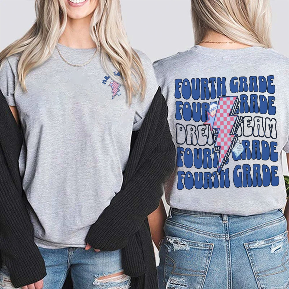 Personalized Name And Grade Fourth Grade Lightning Print Teacher Double Printed T-shirt
